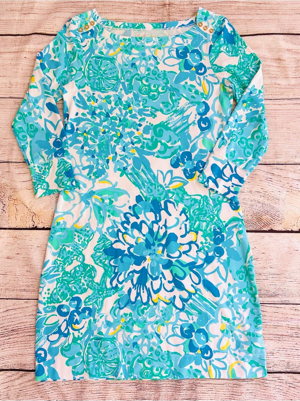 Lilly Pulitzer Blue Green Floral Seashell Long Sleeve Knit Dress Ladies Sz S